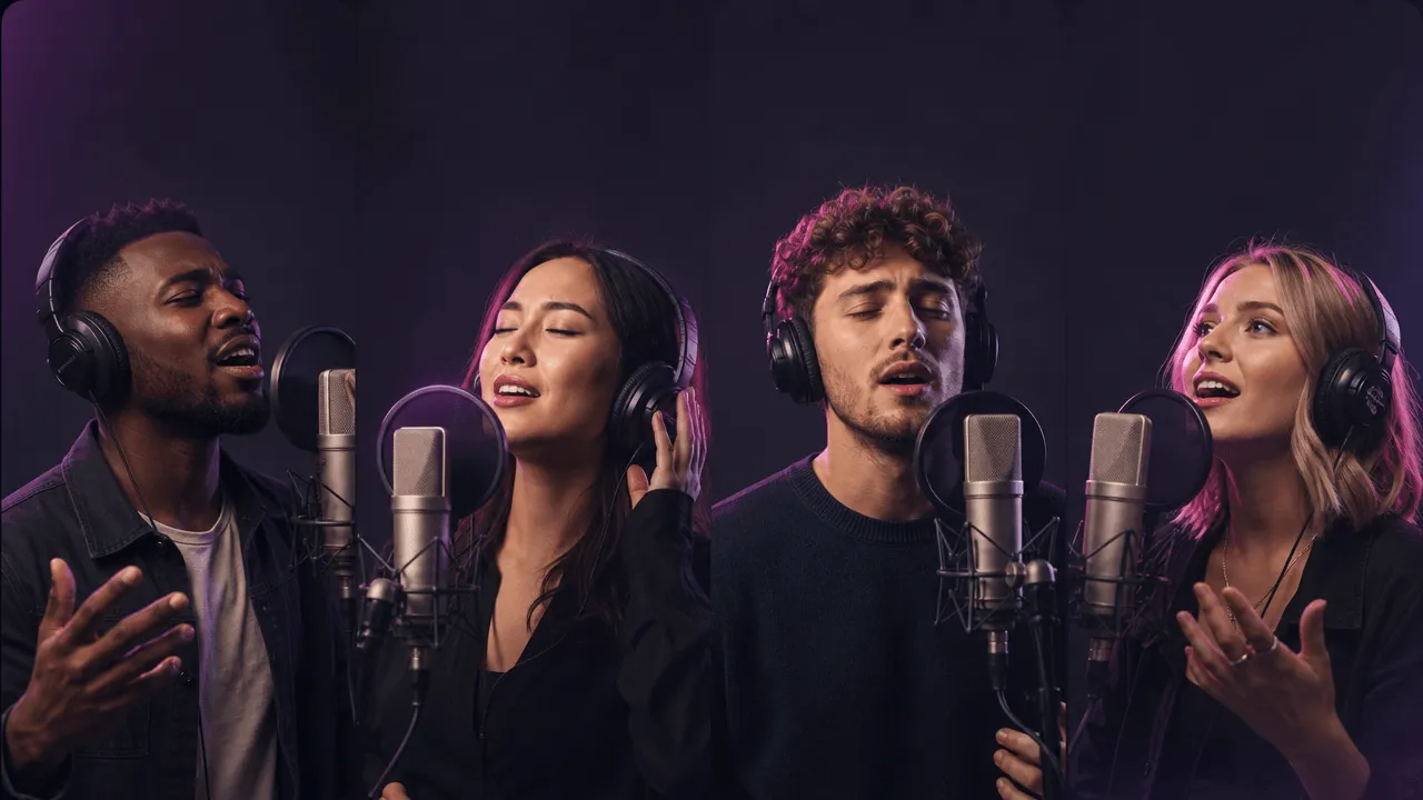 Singer recording an AI song cover with voice model and audio upload tools