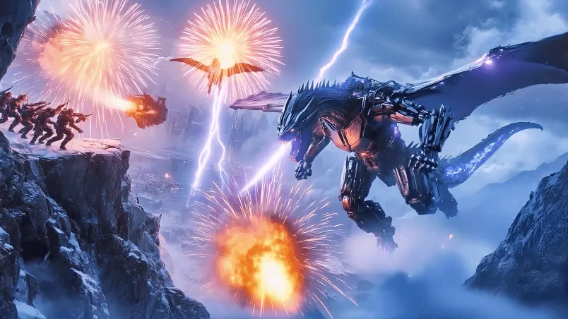 A science fiction scene of a dragon in battle
