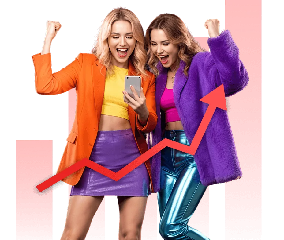 Two successful women celebrating financial growth
