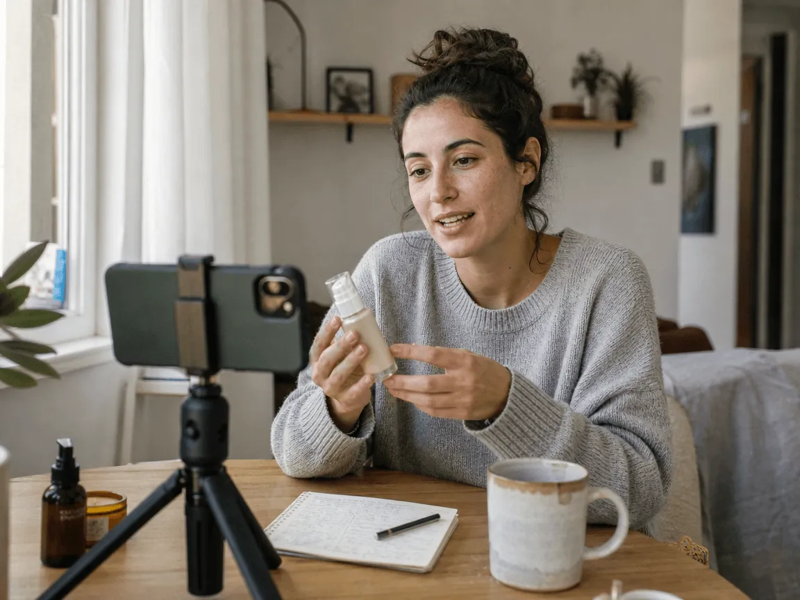 Smartphone on a tripod in a sunlit home studio