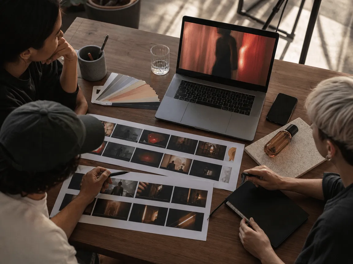 Creative team reviewing color swatches beside a laptop